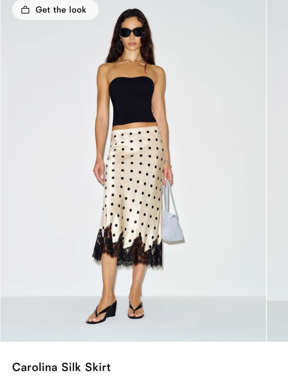 Reformation Carolina Cream Silk Polka Dot Midi Skirt with Black Lace Trim